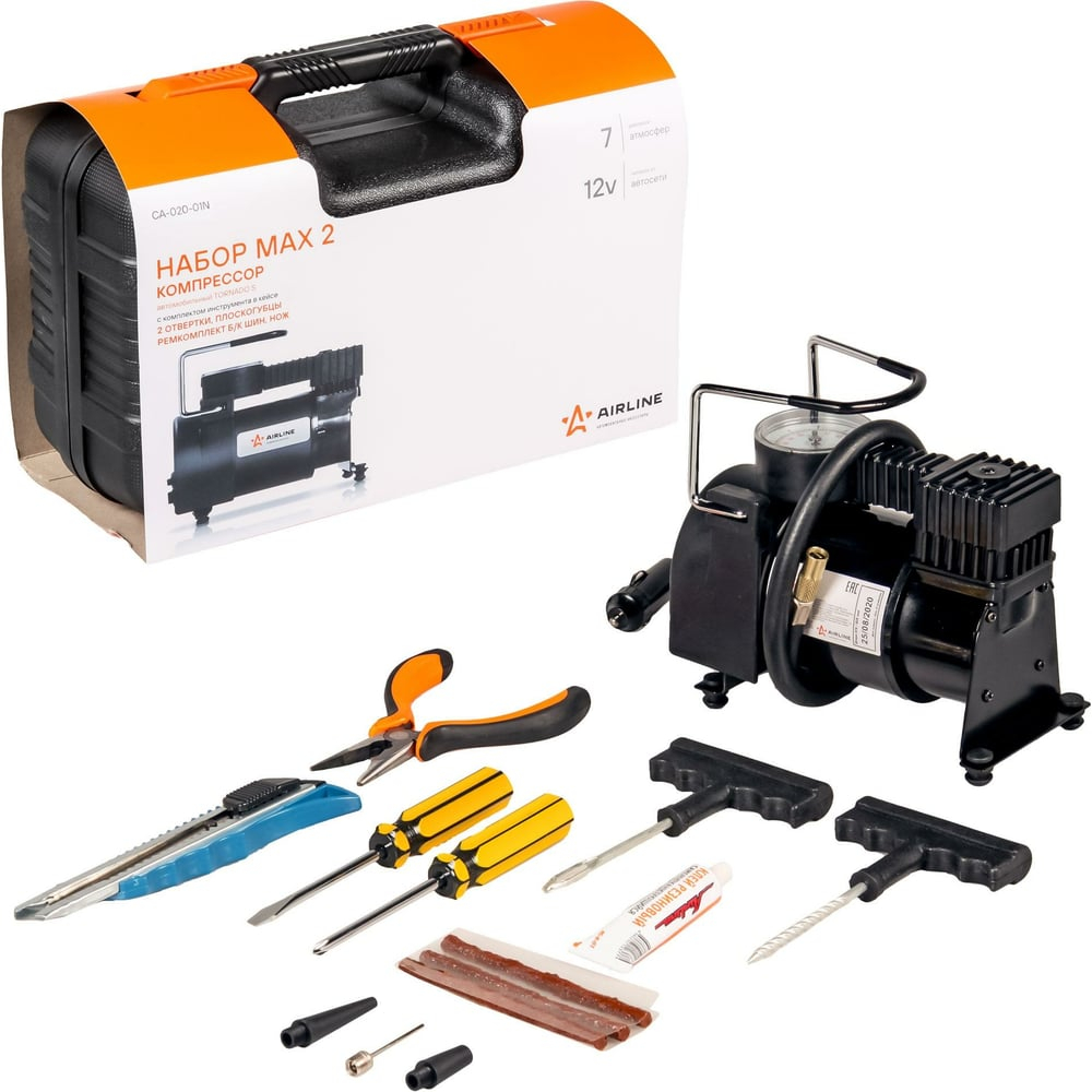 Компрессор автомобильный однопоршневой TORNADO S 30 л/мин от прикуривателя, комплект интрументов + ремкомплект для