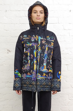 Двусторонняя куртка "Связь времён. Графика на чёрном", по мотивам абстрактной живописи Василия Кандинского и фантастических существ со страниц Псалтыри Латтрелла.