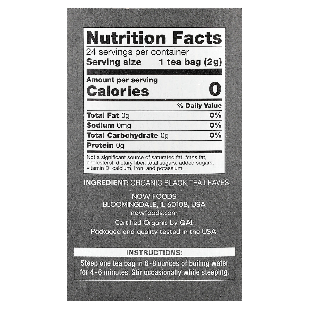 NOW Foods, Органический черный чай, 24 чайных пакетика, 48 г (1,7 унции)