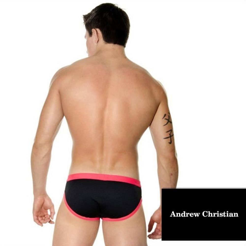 Мужские плавки черные в сетку(с подкладкой) и красной резинкой Andrew Christian Black