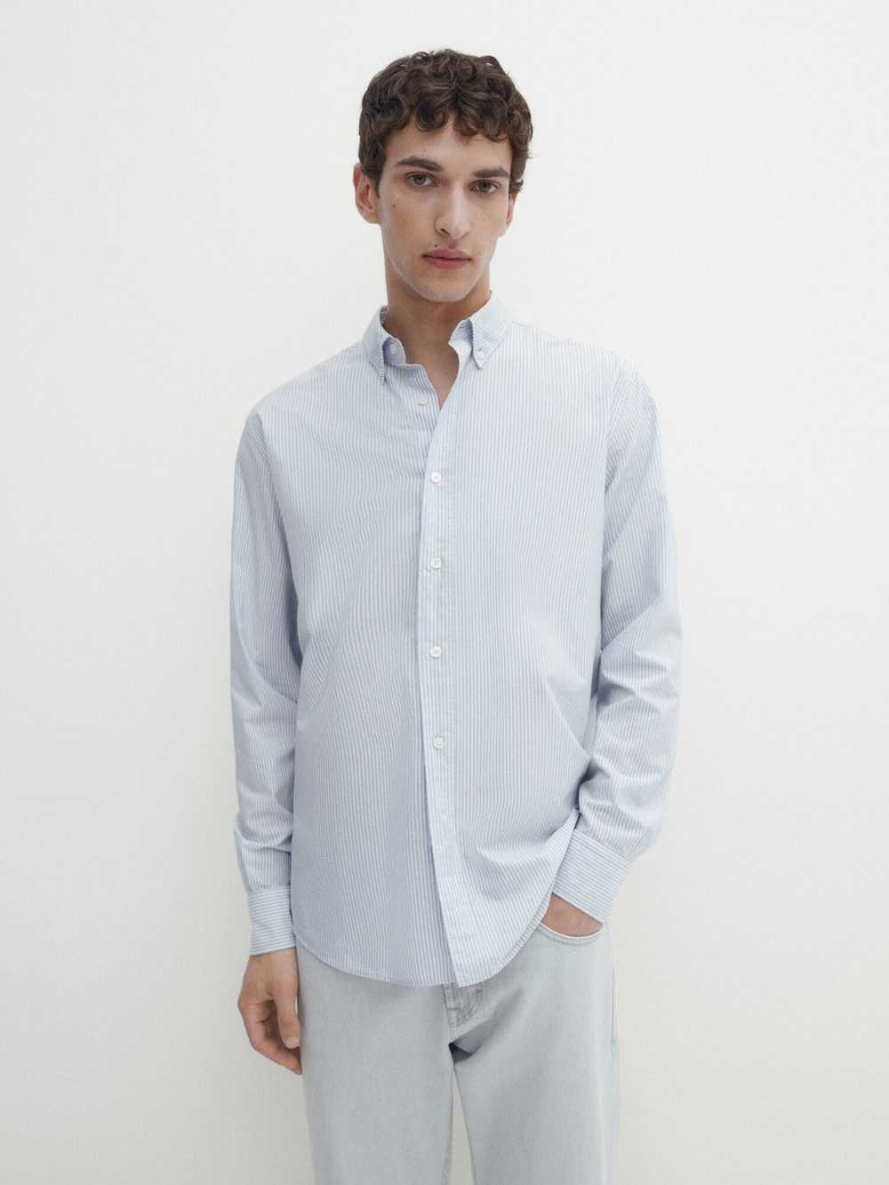 Massimo Dutti Рубашка из 100% хлопка в полоску, небесно-голубой