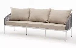 "Канны" диван 3-местный плетеный из роупа, каркас алюминий белый муар, роуп светло-серый круглый, ткань бежевая 15052