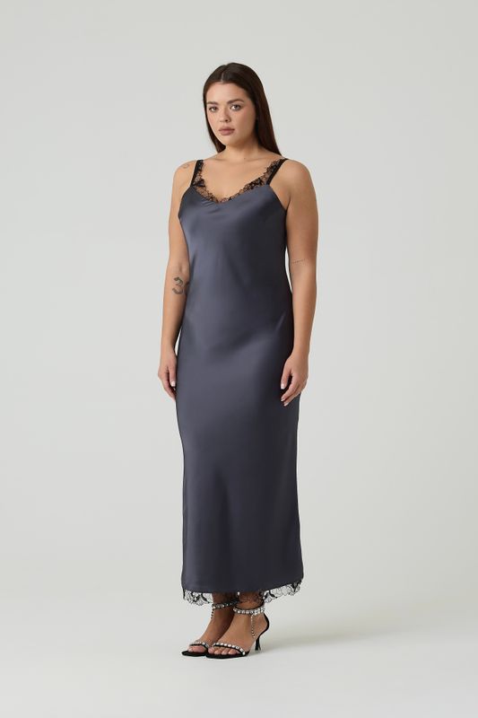 Платье-комбинация с кружевом, стальной