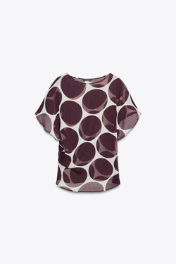 ZARA ПОЛУПРОЗРАЧНЫЙ ТОП В ГОРОШЕК, ЭКРЮ/ГРАНАТОВЫЙ