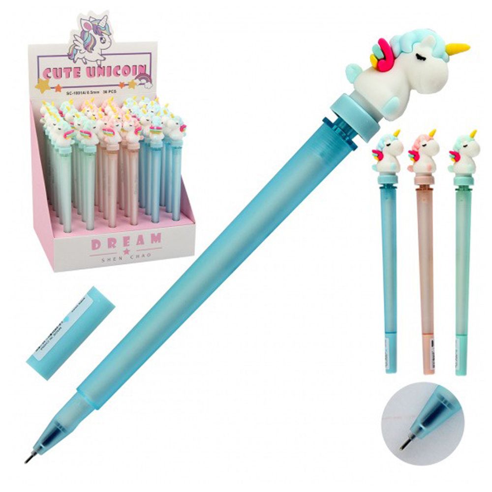 Ручка гелевая, Basir, синие чернила, серия "Единорог", с резиновой вращающейся фигуркой, 36 шт Ручка гелевая, Basir, синие чернила, серия "Единорог", с резиновой вращающейся фигуркой, 36 шт