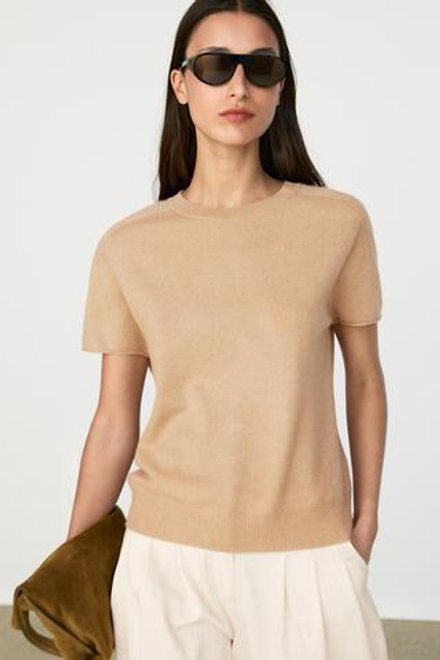 Massimo Dutti Свитер из 100% кашемира с короткими рукавами, цвет верблюжьей шерсти