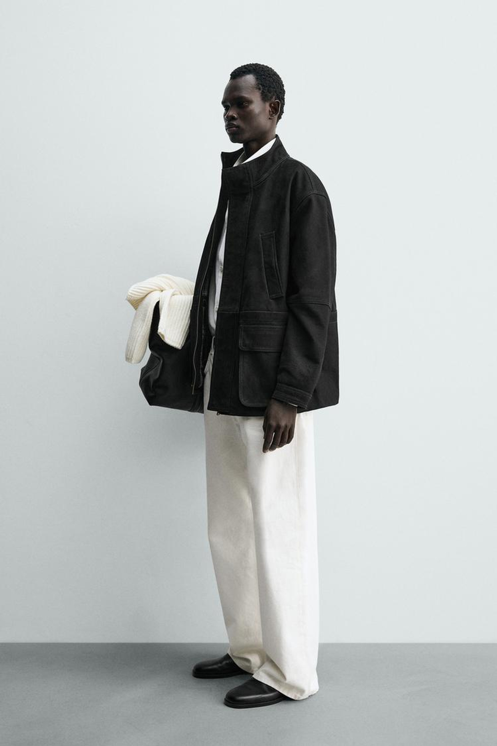 ZARA ПАРКА СВОБОДНОГО КРОЯ ИЗ КОЖИ, АНТРАЦИТОВО-СЕРЫЙ