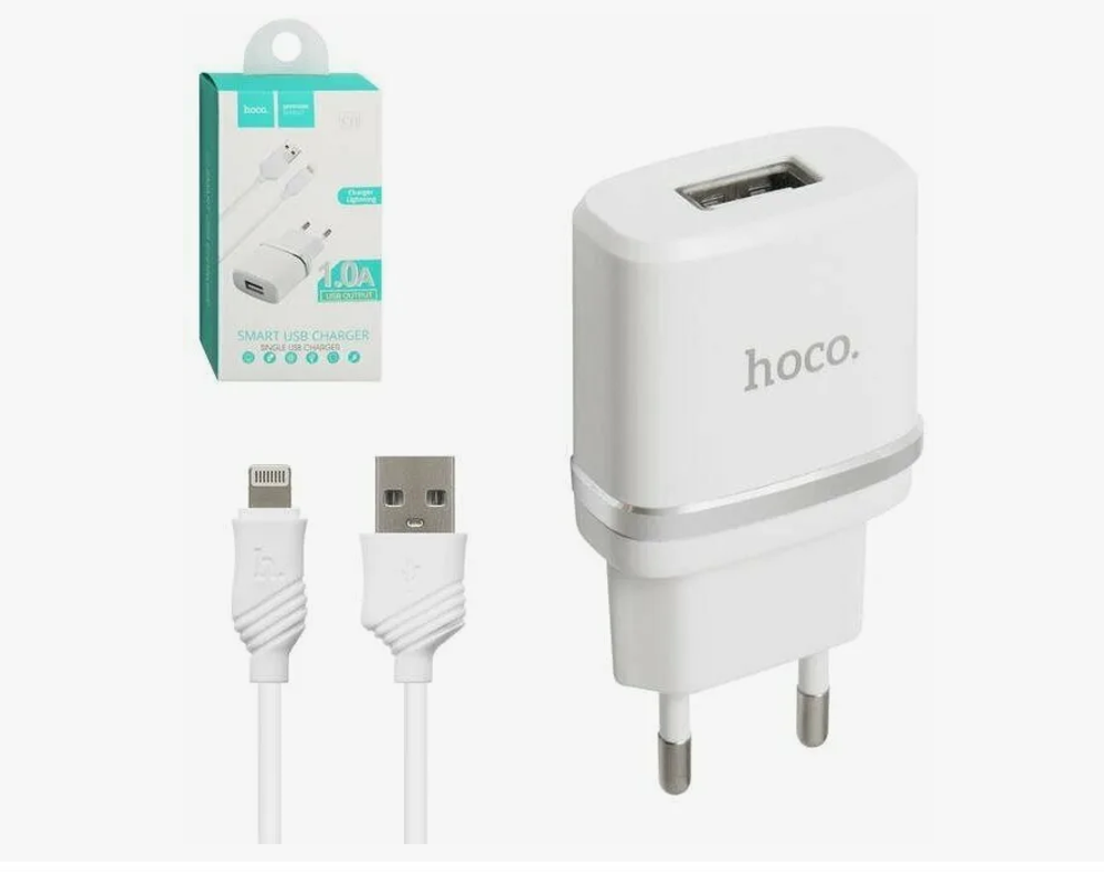Сетевой адаптер питания HOCO C11 1.0A +  кабель Lightning (белый)
