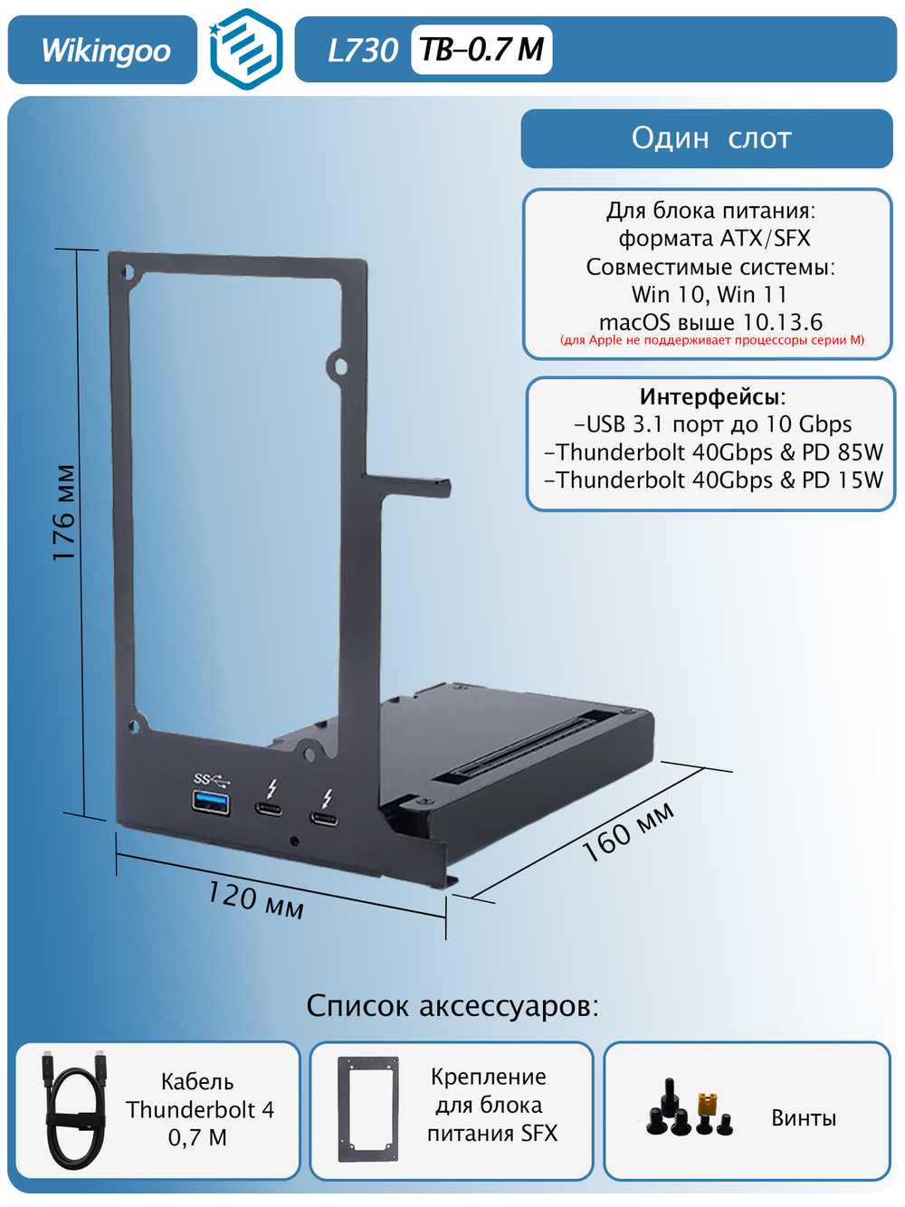 Внешний корпус для видеокарты Wikingoo EGPU Thunderbolt 3/4. + доп. питание Type-C