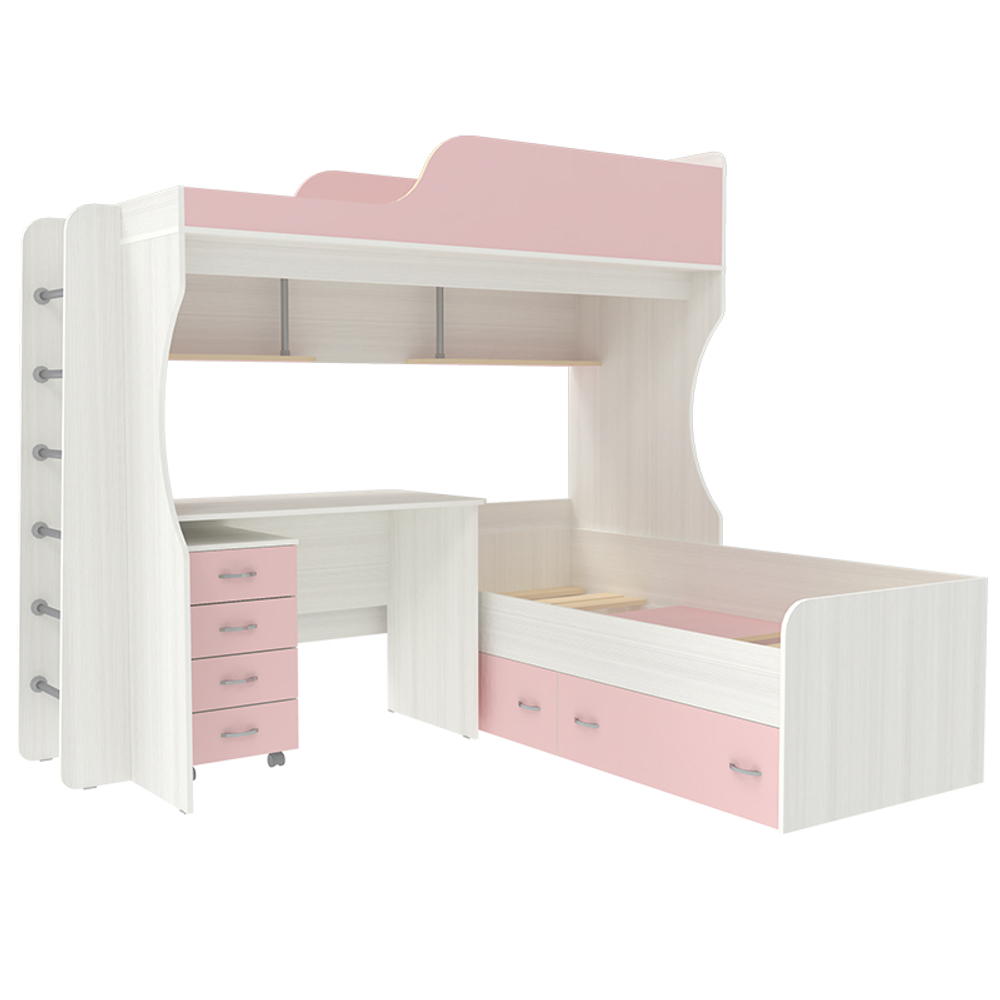 Двухъярусная кровать КарИВи Дуэт-5 с металлической лестницей Белое Дерево Розовый