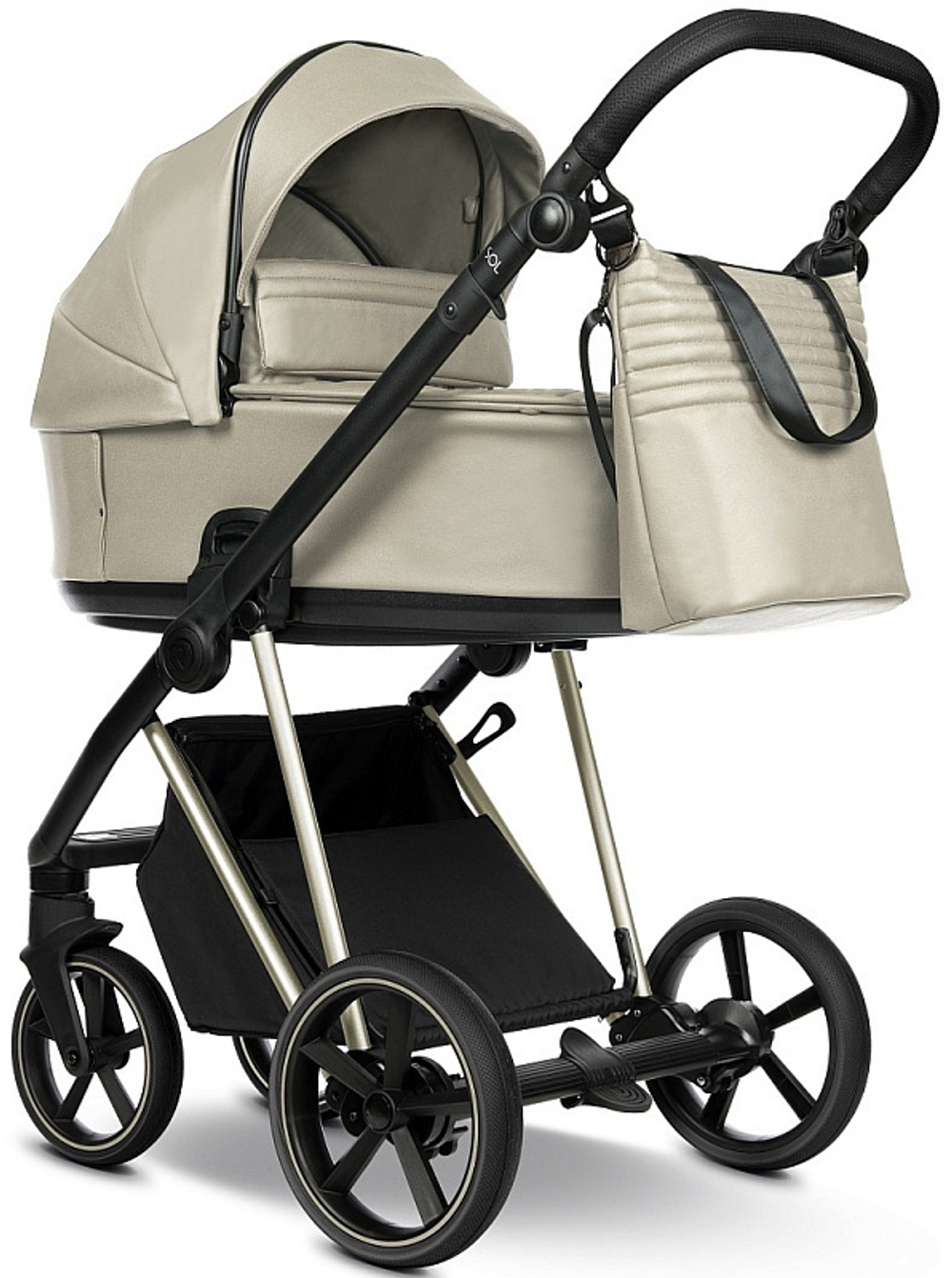 Детская коляска Roan Sol Vintage Luxury Leather 3 в 1 с автокреслом Tutis Elo Lux EduSky Black VEGA11DB Almond Sugar /Champagne/руч.Champagne