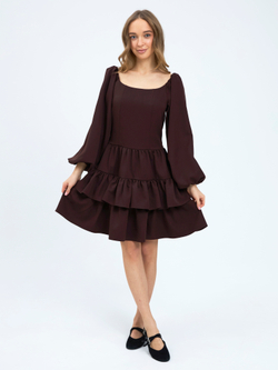 Платье праздничное ярусное с воланами для девочки коричневое