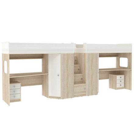 Двухъярусная кровать КарИВи Л-BB604-604 с тумбами 80х190 Дуб Сонома Белое Дерево