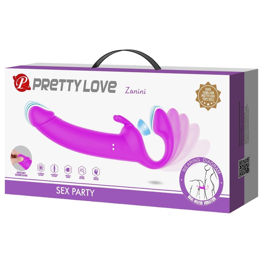 Безремневой страпон Pretty Love Zanini с вибрацией, 16,6 см