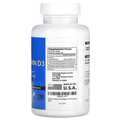 fitcode, Витамин D3, 5000 МЕ, 120 мягких таблеток