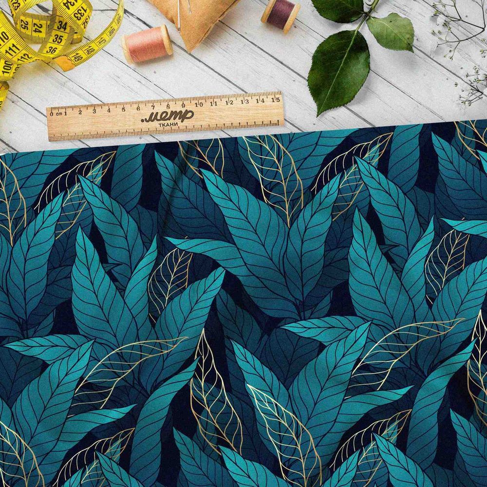 Ткань оксфорд 600 синие листочки с золотом