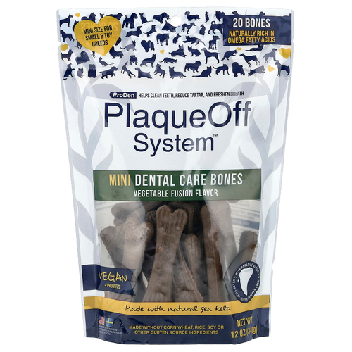 ProDen, PlaqueOff System™, мини-кость для ухода за зубами, для собак мелких и мелких пород, овощной комплекс, 20 костей, 340 г (12 унций)