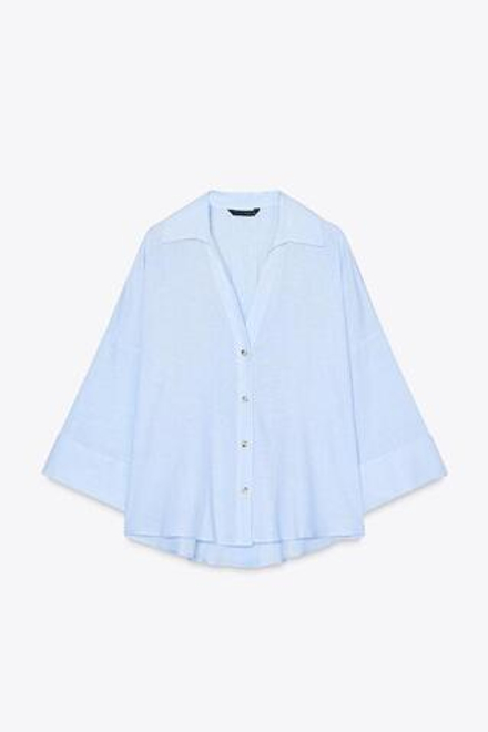 ZARA РУБАШКА ИЗ СМЕСОВОГО ЛЬНА С ШИРОКИМИ РУКАВАМИ, БЕЛЫЙ/НЕБЕСНО-ГОЛУБОЙ