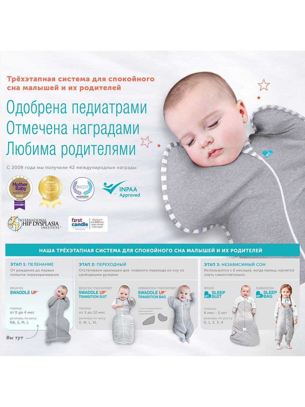 Комбинезон-мешок 1-го этапа Love To Dream Swaddle UP LITE. Серый