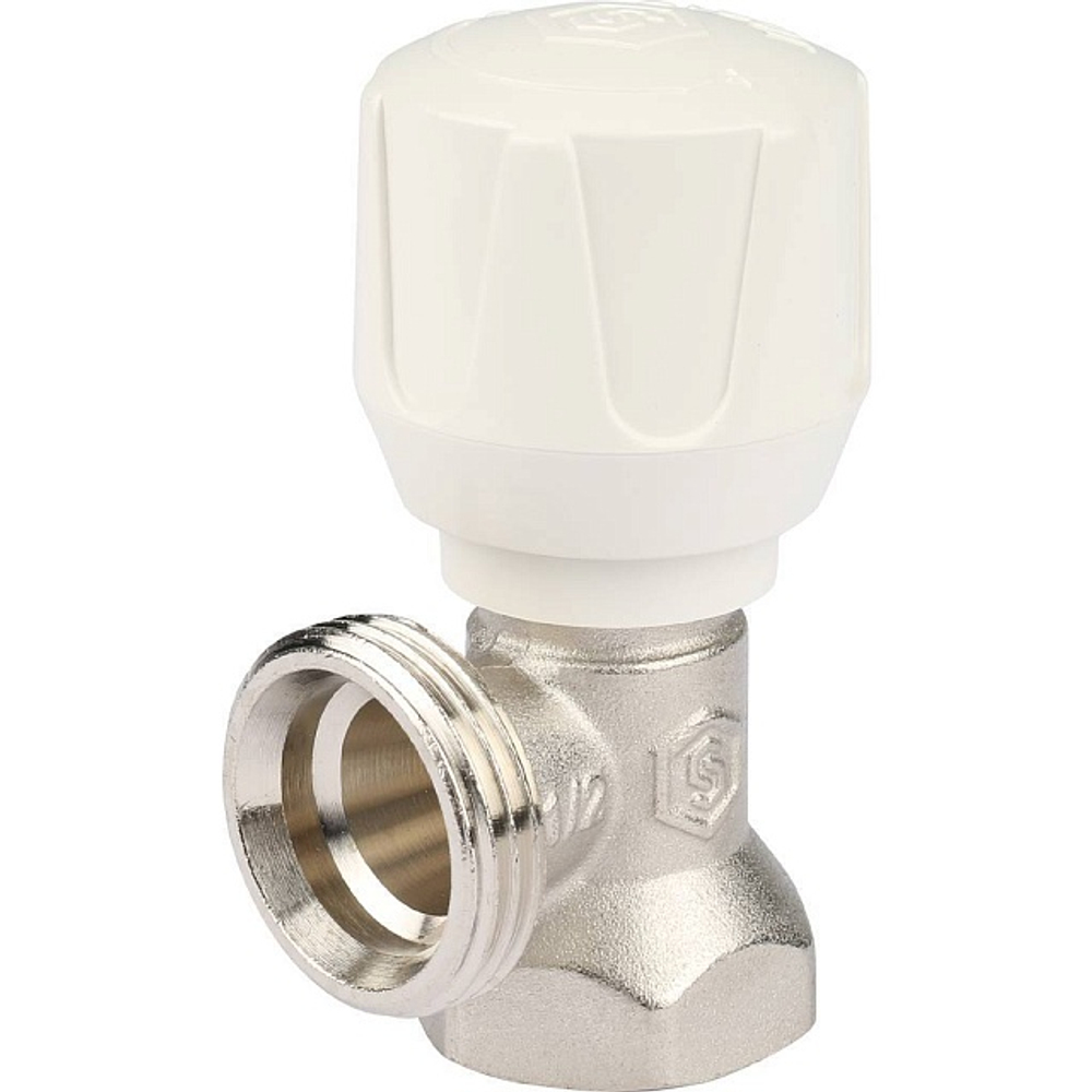 Вентиль ручной регулировки угловой STOUT - 1/2" (ВР/НР-американка, PN10, Tmax 120°C, шток металл по металлу)