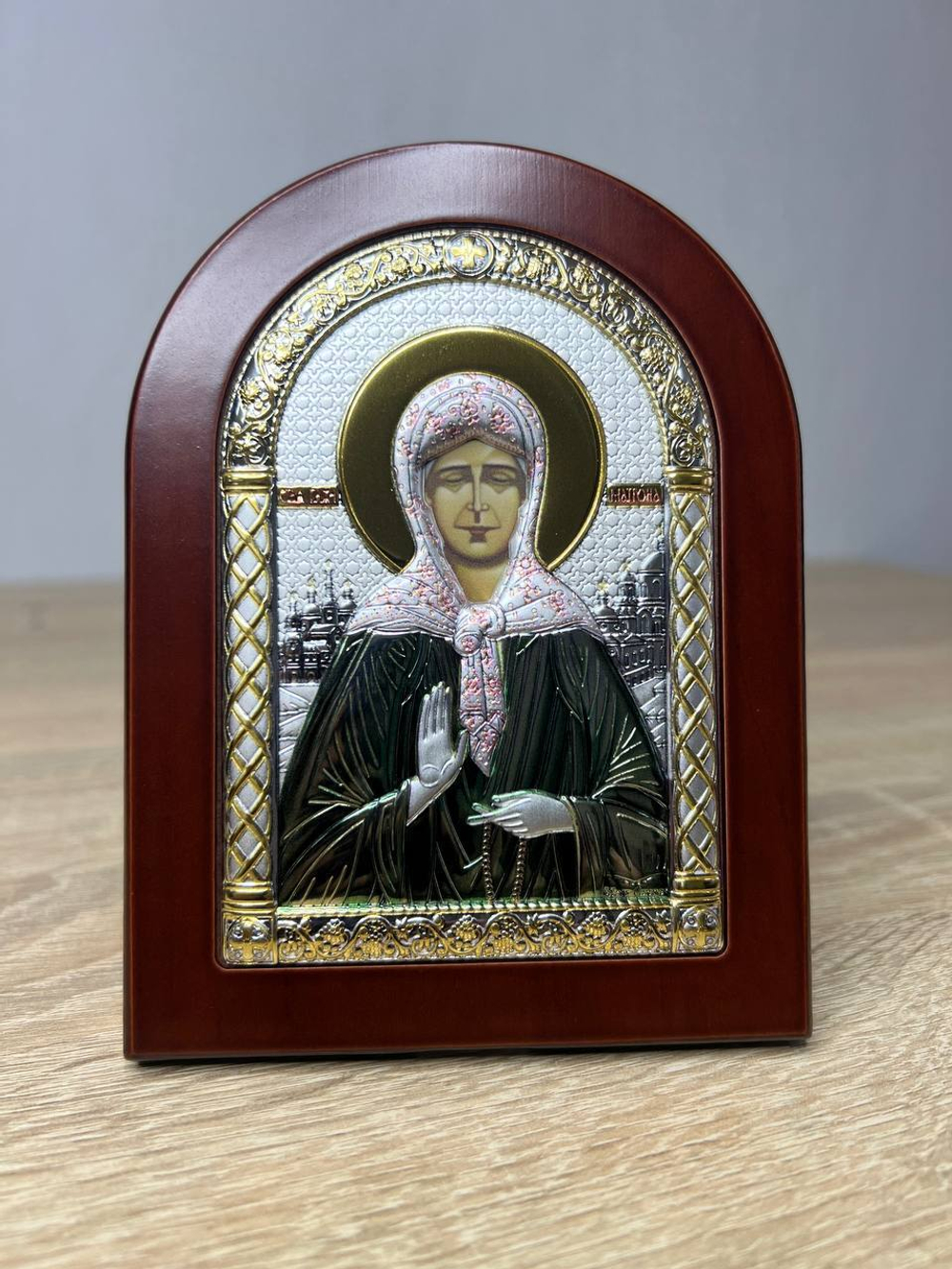 Матрона, икона арочная, красное дерево, эмаль 105х140