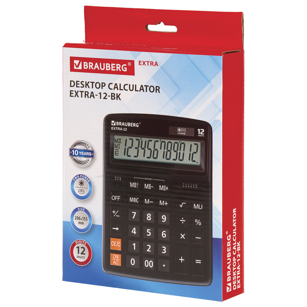 Калькулятор настольный BRAUBERG EXTRA-12-BK (206x155 мм) 12 разрядов двойное питание черный