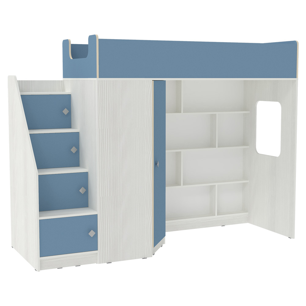 Кровать-чердак КарИВи Л-В602.3 80х190 Белое Дерево Светло-синий, голубой