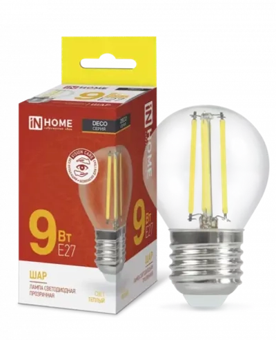 Лампа светодиодная LED-ШАР-deco 9Вт 230В Е27 3000К ТЕПЛЫЙ 1040Лм прозрачная IN HOME
