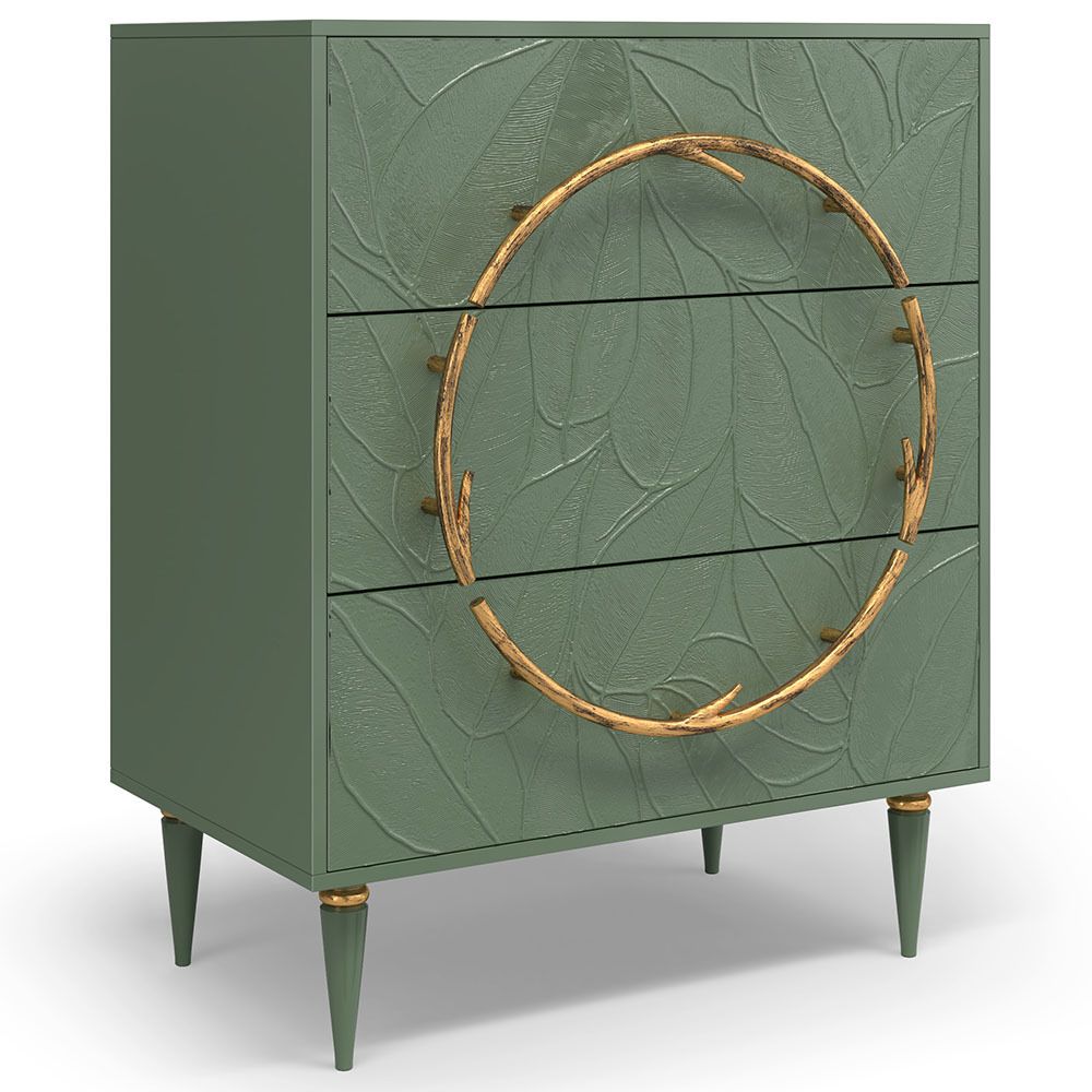 Комод Арт Колор leaves Классик Голд с 3 ящиками Зеленый нефрит