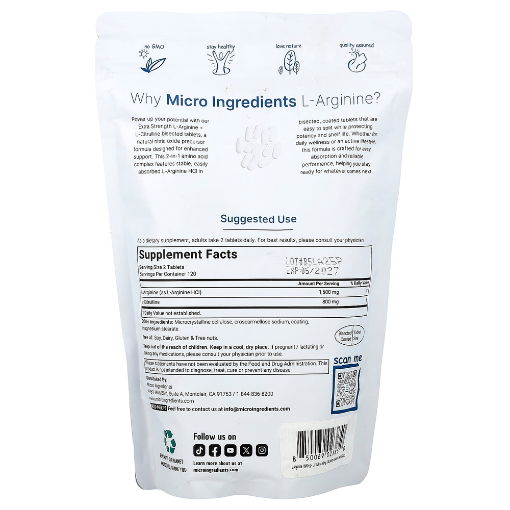 Micro Ingredients, L аргинин + L-цитруллин, 240 разделенных на части таблеток