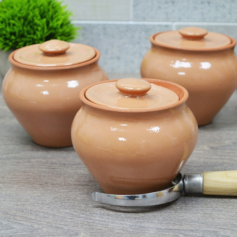 Набор 3 горшка для запекания 0,5л с крышками, цветные+ухват "Вятская керамика"