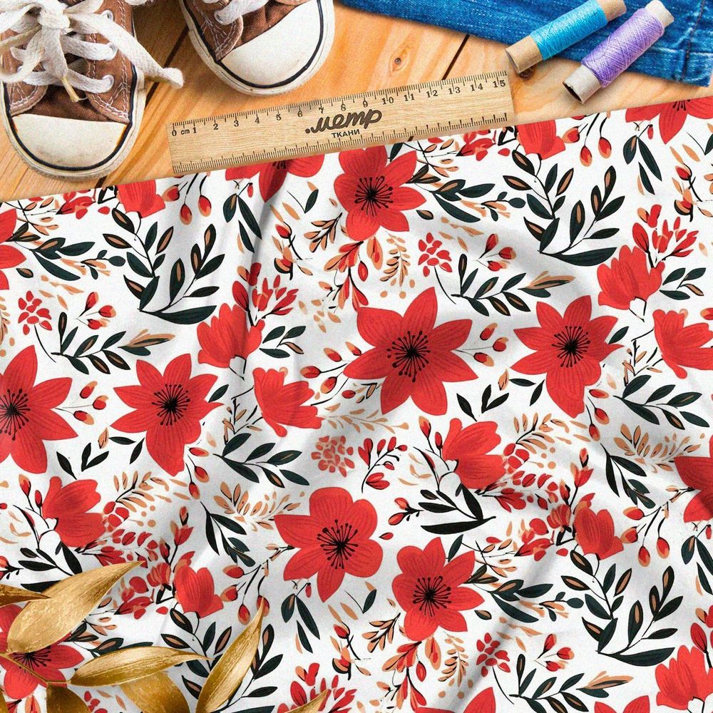 Ткань премиум атлас яркие красные цветы