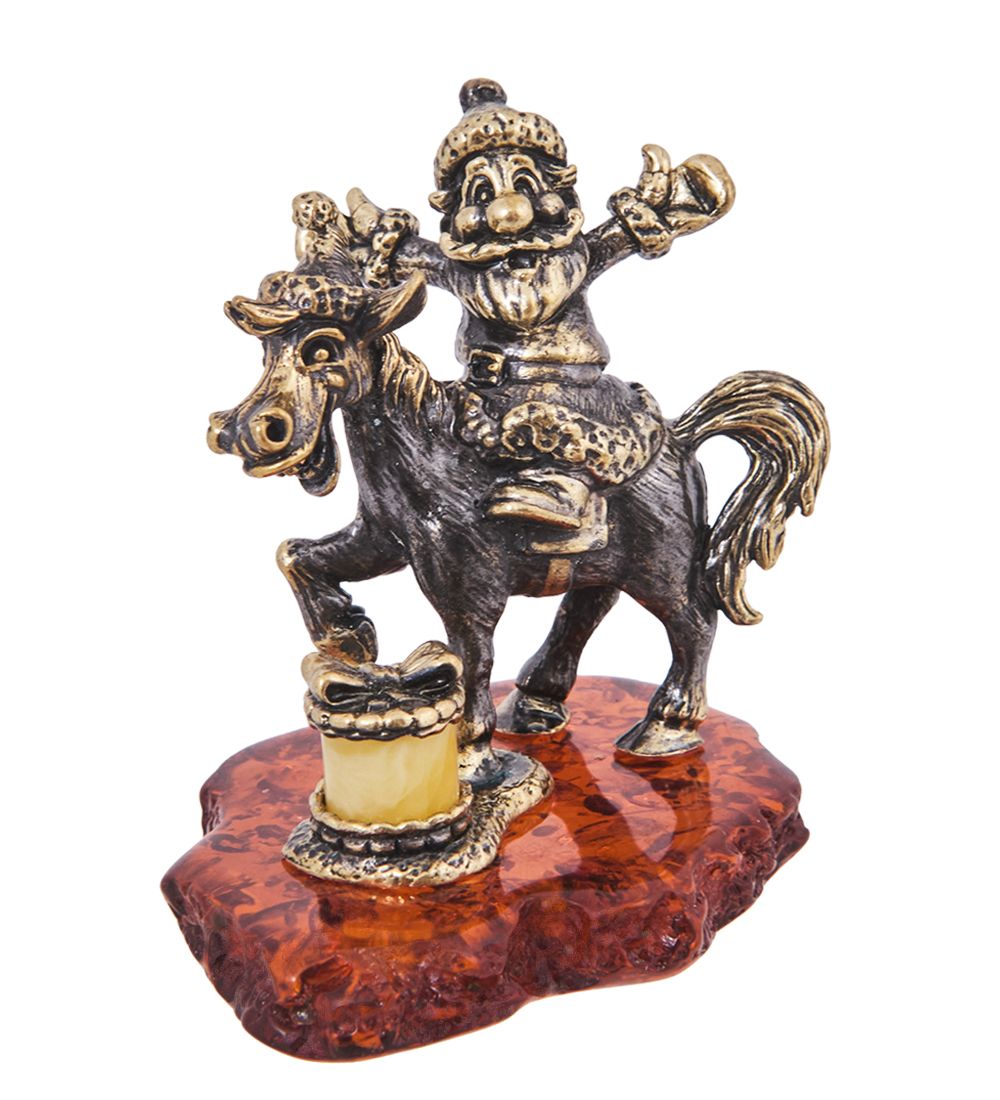 Народные промыслы AM-4213 Фигурка «Лошадь с дедулей» (латунь, янтарь)