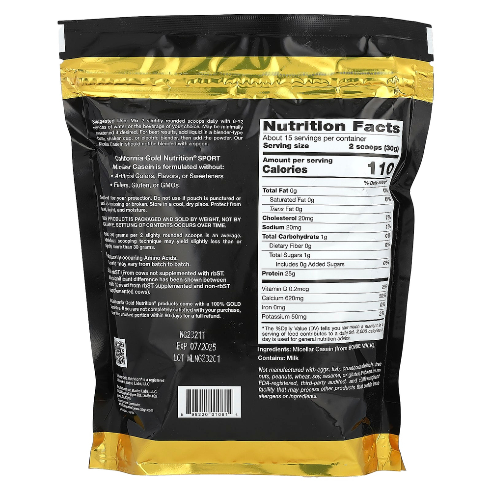 California Gold Nutrition, Sport, мицеллярный казеин, без добавок, медленное усвоение, 454 г (16 унций)