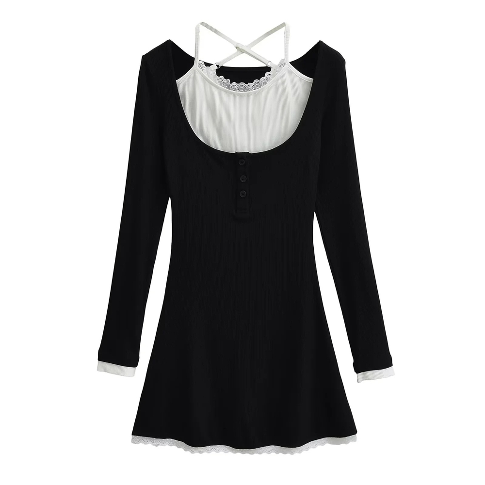 Платье трикотажное, короткое, с майкой, с ажурными вставками