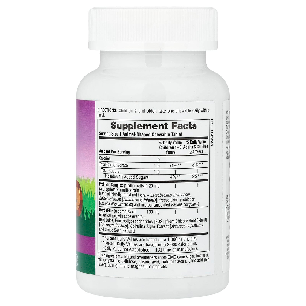 NaturesPlus, Animal Parade® AcidophiKidz®, для детей жевательный пробиотик, с ягодным вкусом, 90 таблеток в форме животных