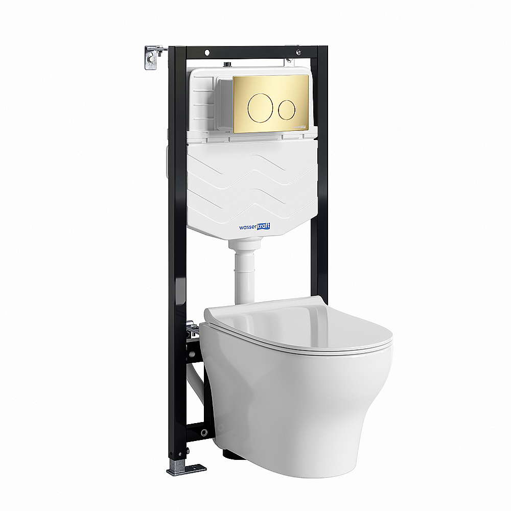 Унитаз подвесной WasserKRAFT Berkel 10TLT.010.ME.PG02.H001 безободковый, с инсталляцией Aller 10, с крышкой микролифт, белый/кнопка золото глянцевое