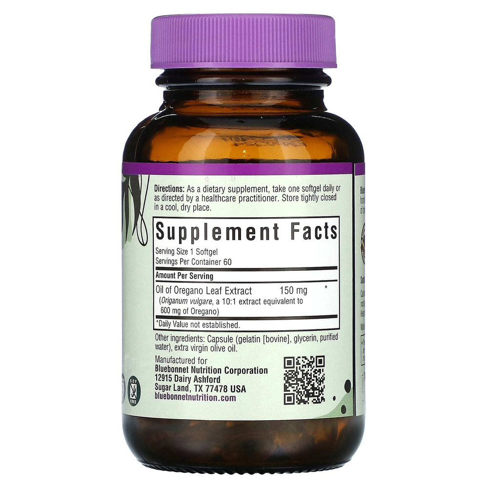 Bluebonnet Nutrition, масло орегано, экстракт листьев, 60 капсул (150 мг в каждой)