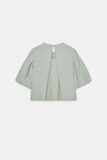 ZARA ТОП В КЛЕТКУ С ОБЪЕМНЫМИ РУКАВАМИ, КОРИЧНЕВО-СИНИЙ