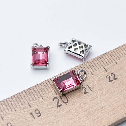 Подвеска Прямоугольник, цвет серебро (родий) + малиновый, размер 10*7 мм, цена за 1 шт