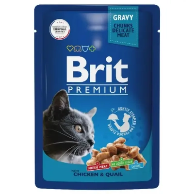 Brit premium, пауч для взрослых кошек, цыпленок и перепёлка в соусе, 85г