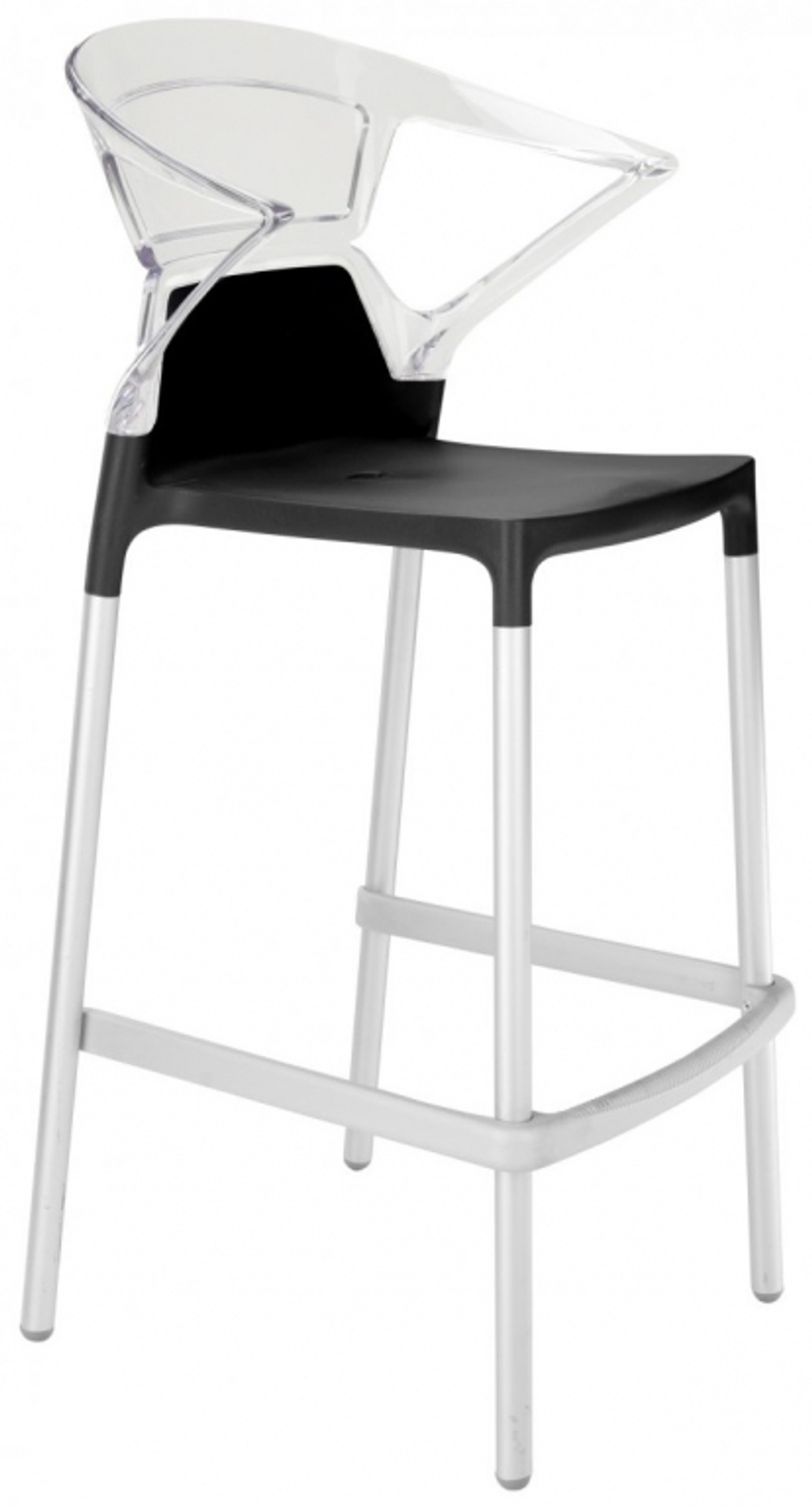Кресло пластиковое барное Papatya Ego-K Bar, сатинированный алюминий, черный матовый, прозрачный