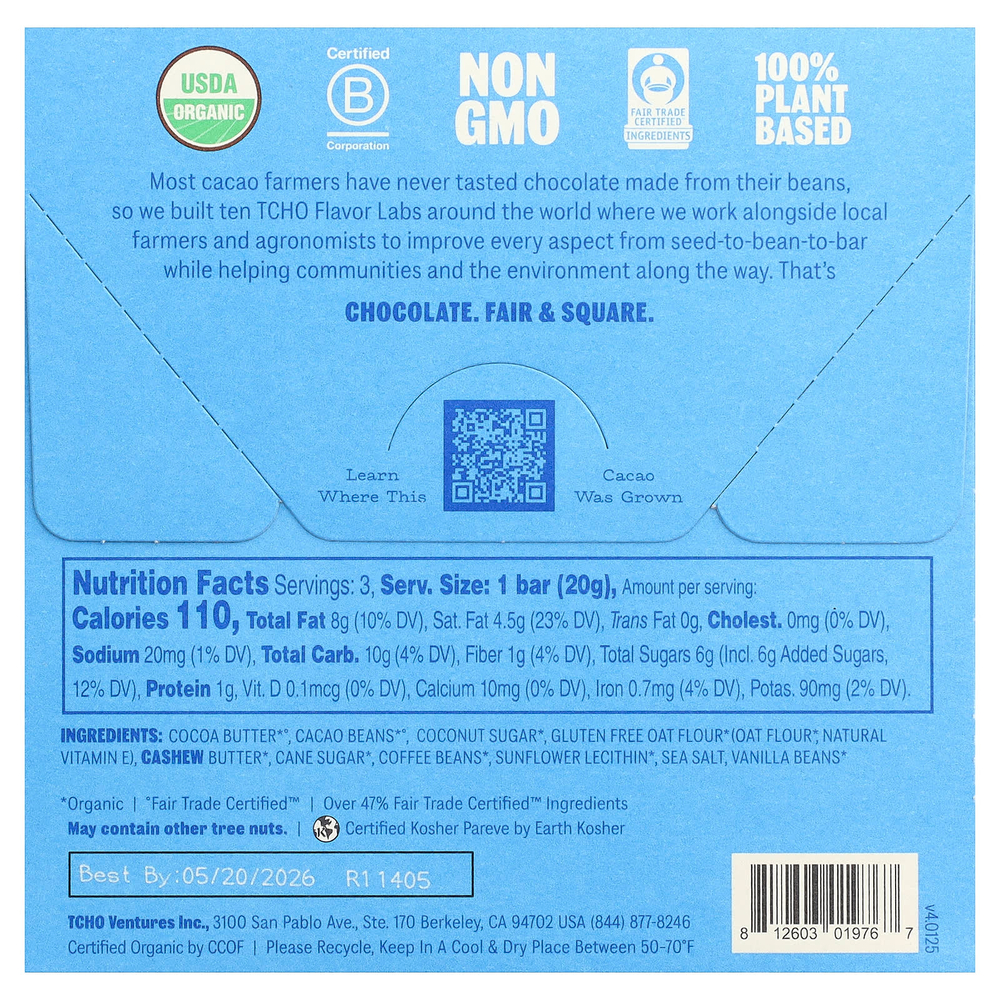 TCHO, Choco Latte, молочный шоколад с кофе, 47% какао, 3 плитки по 0,70 унции
