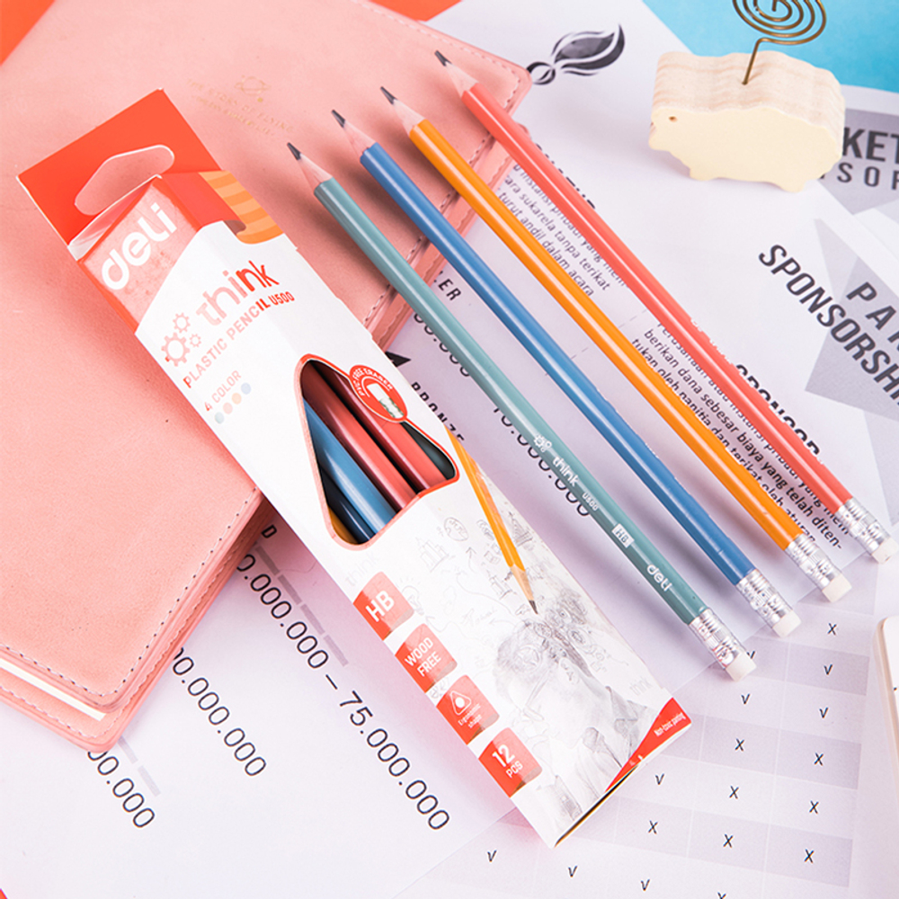 Карандаш DELI "Think", НВ, трехгранный корпус, пластик, с ластиком, ассорти