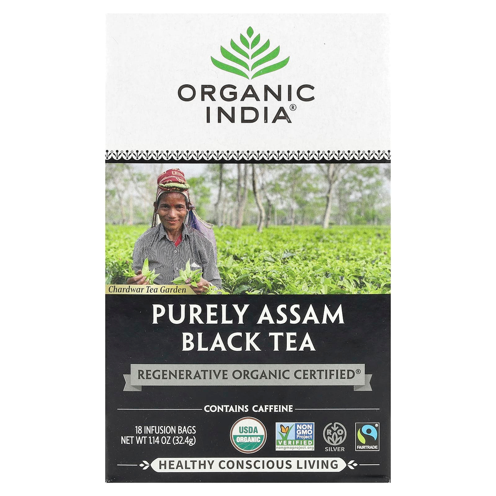 Organic India, Черный чай Purely Assam, 18 пакетиков для заваривания, 32,4 г (1,14 унции)