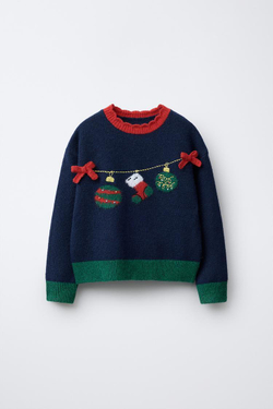 ZARA ДЖЕМПЕР С ВЯЗАНЫМ ПРИНТОМ «ГИРЛЯНДА», МОРСКОЙ СИНИЙ