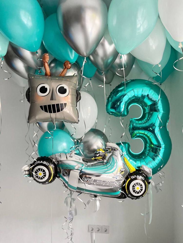 Воздушные шары для мальчика бирюза/тиффани робот/машина №3825