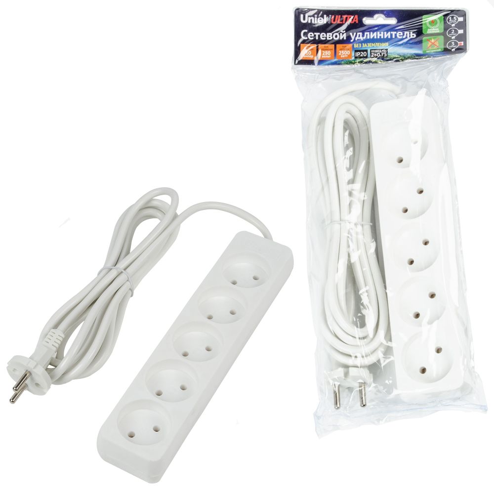 S-CU5-3 WHITE Удлинитель серии Ultra. шнур 3м.. 5 гнезд. 10A. б-з. Белый. TM Uniel