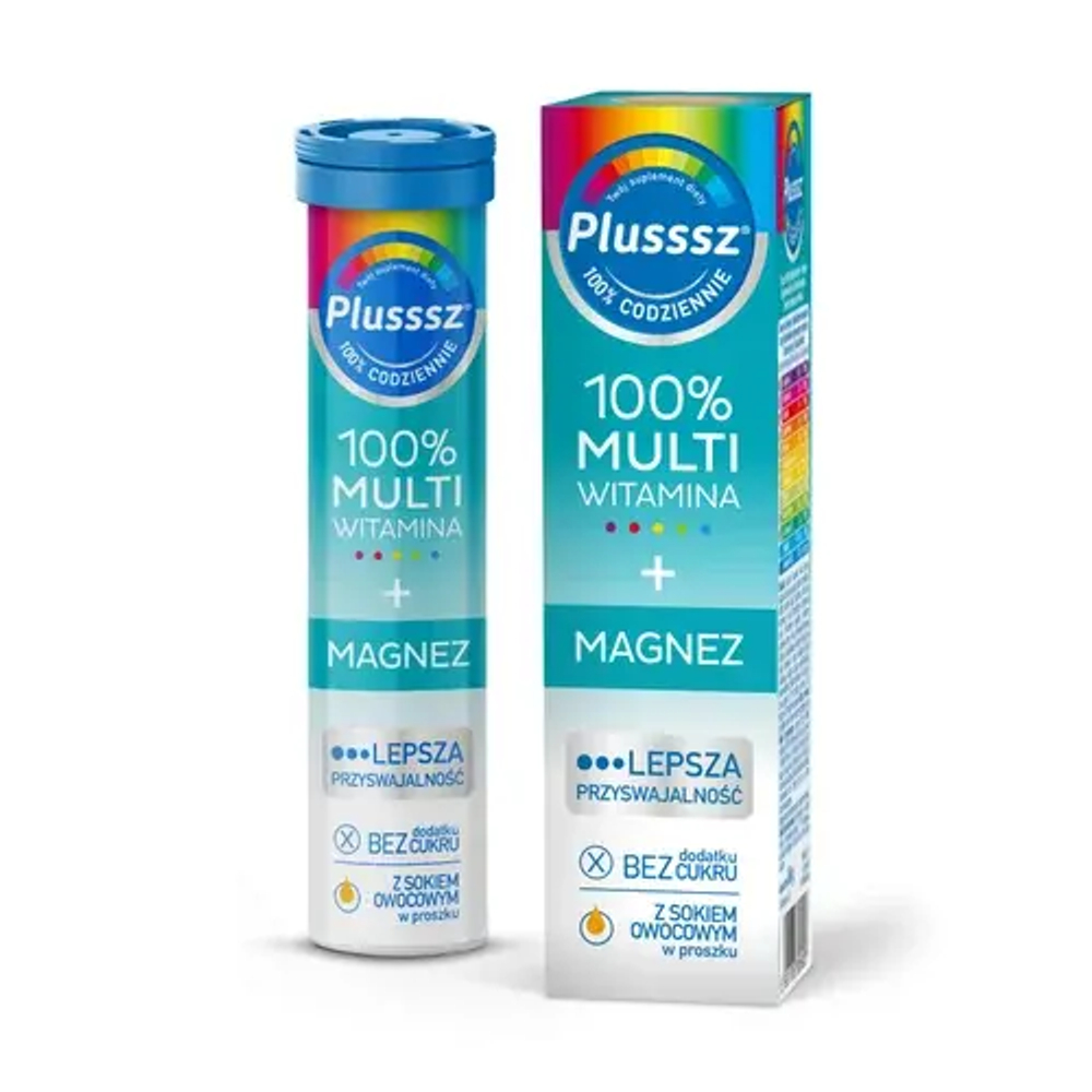 Plusssz 100% Мультивитамины + Магний - 20 шипучих таблеток со вкусом манго и апельсина