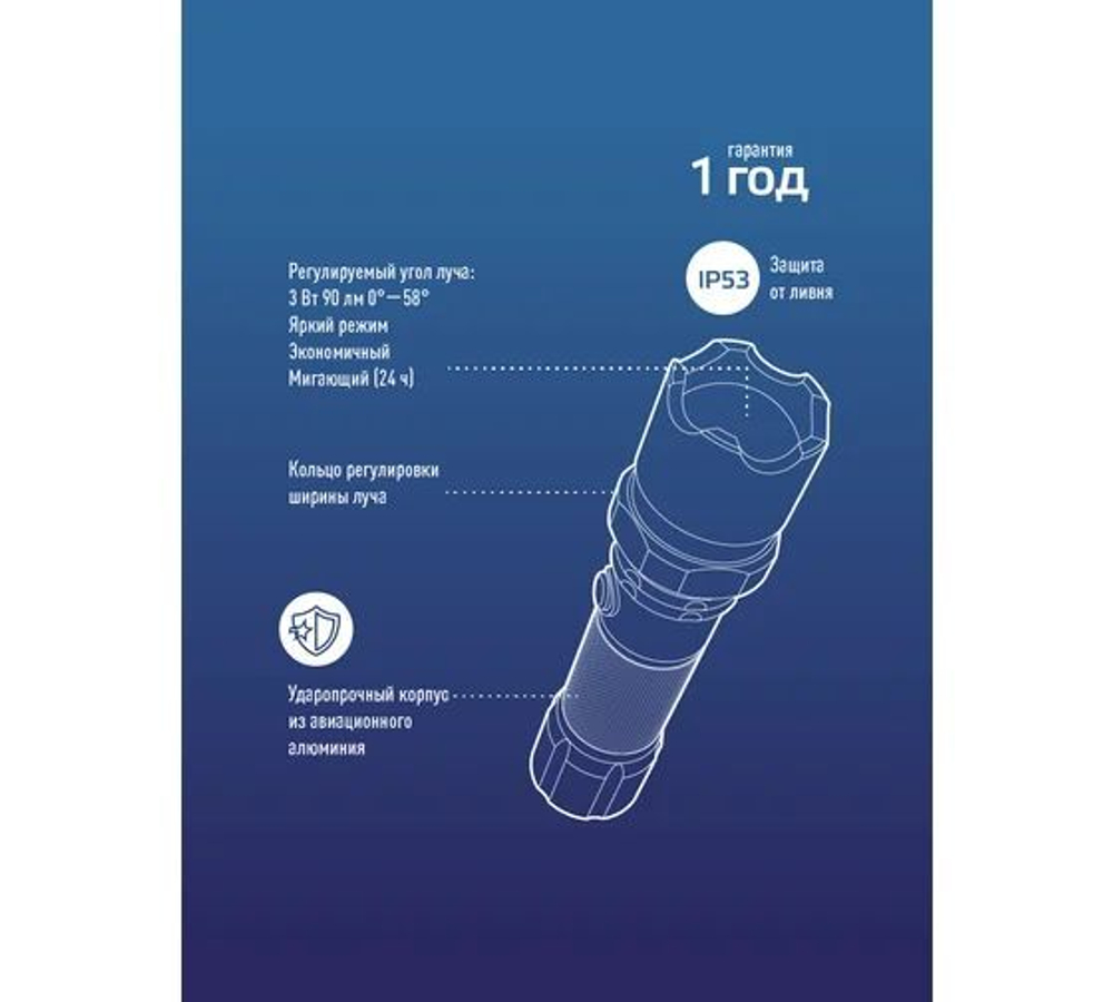 Ручной аккумуляторный фонарь КОСМОС 3Вт LED, линза, зум, Li-ion18650 1200mAh, анодированный алюминий, USB-шнур KOS112Lit